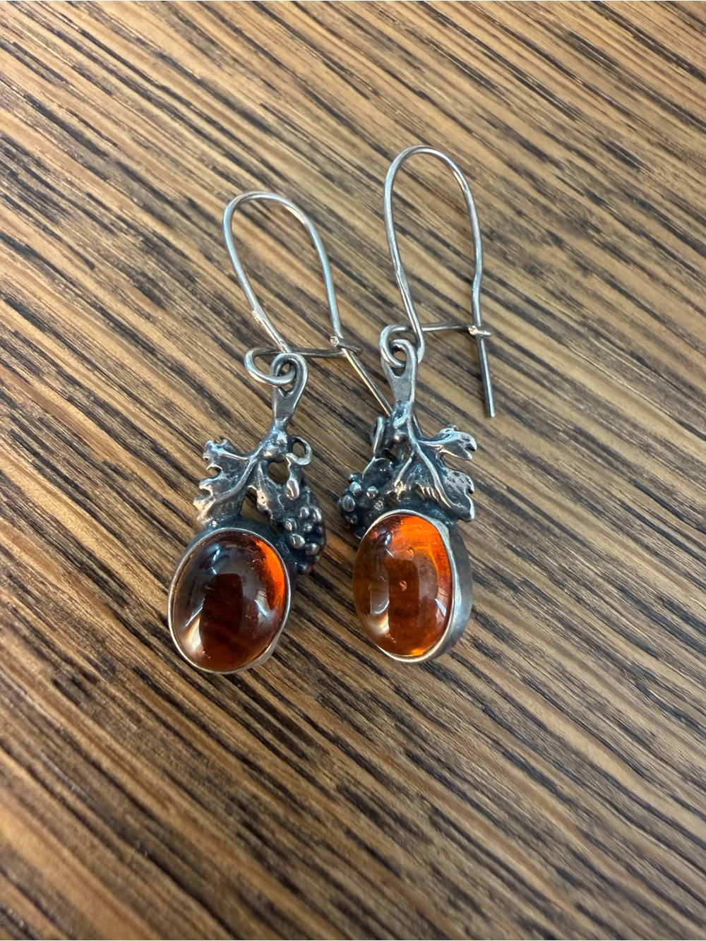 Vintage Signed Polish JB Sterling Silver Baltic Amber Grape Vine Drop Earrings
